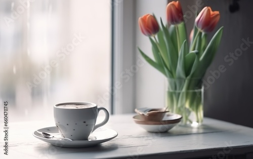 Coffee in a cup and tulips on the table light and air. AI, Generative AI