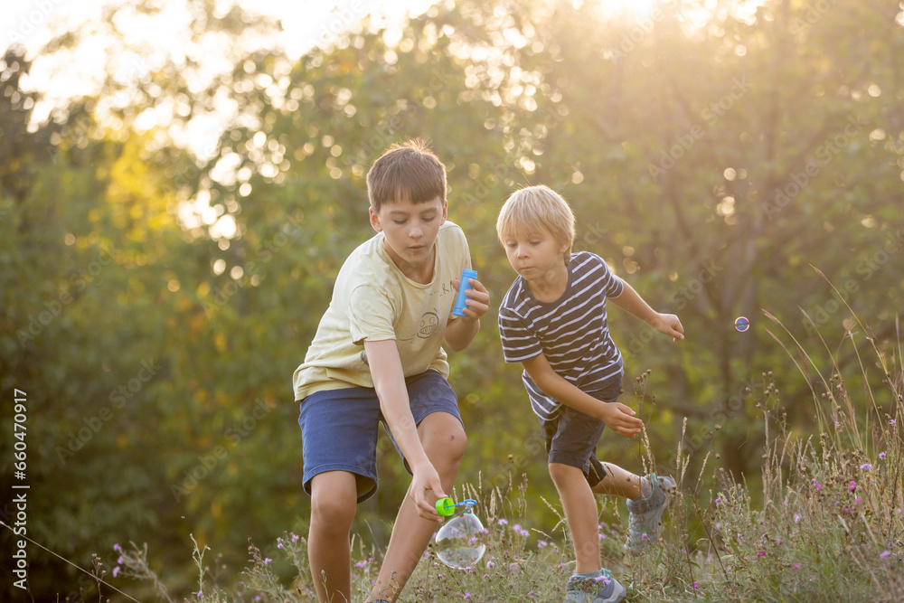 Fototapeta premium Sweet children, boys, playing in the park on sunset, autumn