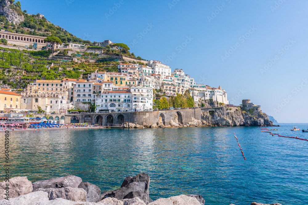 Amalfi Coast of Italy with the old city view on a beautiful day
