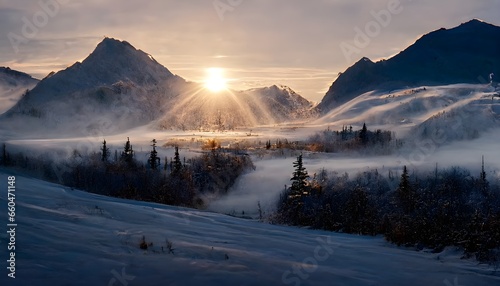 winter time in an alaskan mountain early morning hours with the sun barley rising over the mountain light snow falling cinematic 4k 8k 32k ultrarealistic photorealistic cinematic lighting winter  photo