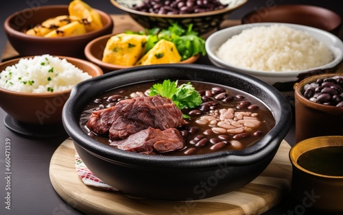 Feijoada traditional brazilian food with typical side. AI, Generative AI