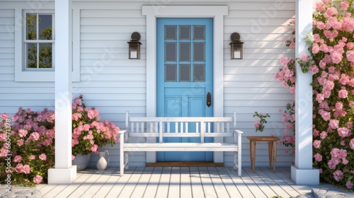Wooden white door on a blue house with a porch including roses and a bench Housing entrance