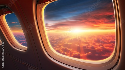 Sunset sky and wing seen from airplane window