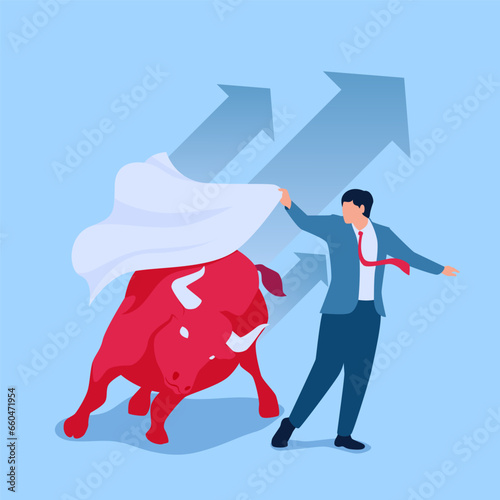 matador waving a cloth deceives an angry bull, metaphor of rising share prices in the stock market