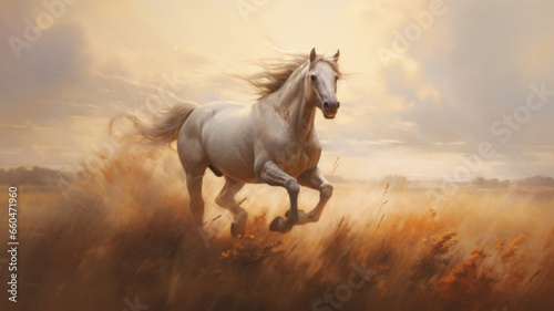 Painting of a horse running in the grassland.