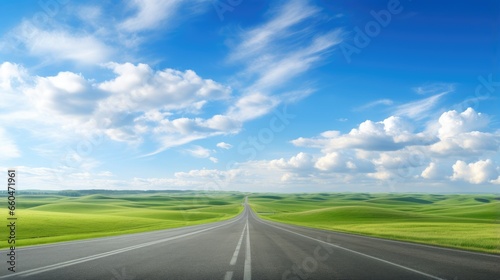 Vast prairie landscape with long highway green hills and blue sky in summer © vxnaghiyev