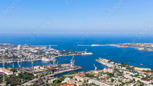 Sevastopol, Crimea. Bays of the city of Sevastopol in summer in sunny weather. The ships, Aerial View