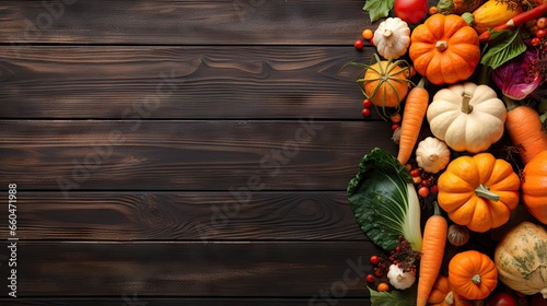 Organic vegetables on wooden background Top view Copy space Healthy eating concept Assortment of fresh produce photo