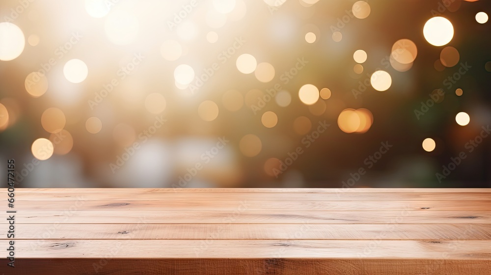 Wooden table top on blurred gray and white background ideal for banners or product displays
