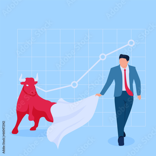 matador holding cloth away from bull, metaphor of rising share prices in stock market