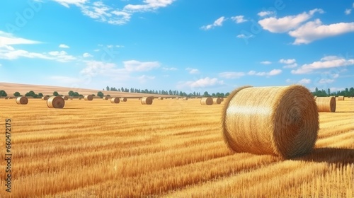 Round straw bales dot the f...