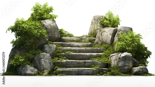 Stone steps staircase adorned with green plants isolated rock steps