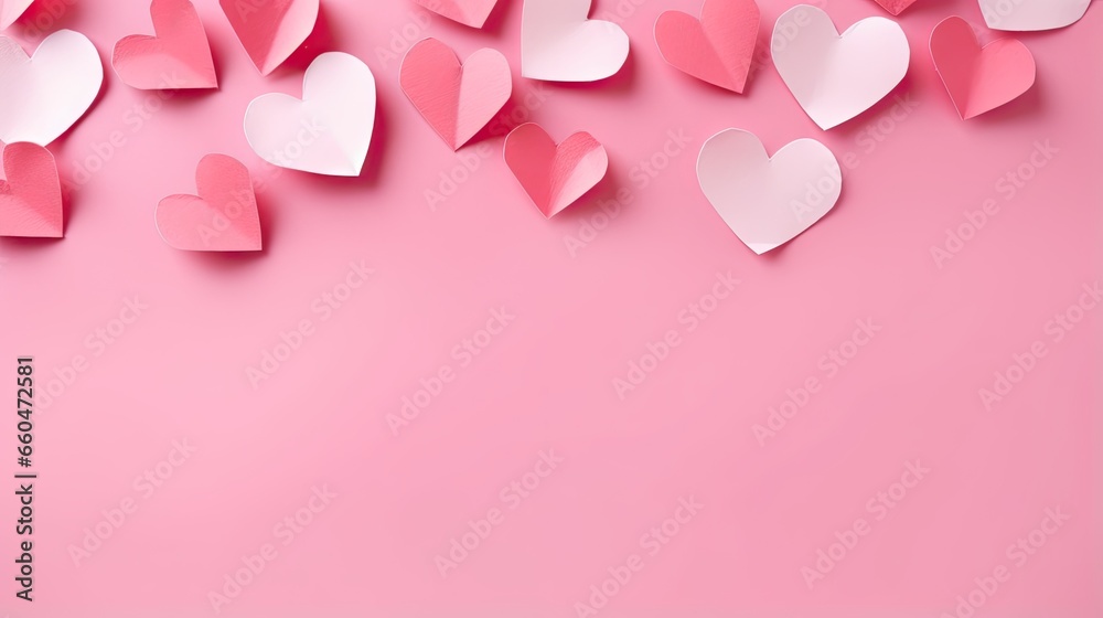 Valentines card with pink background paper hearts and space for message