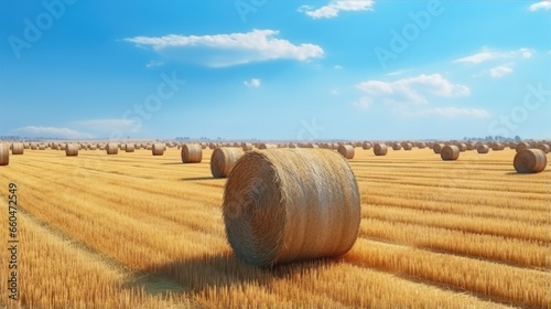 Photographie Round straw bales dot the field harvested from cereal plants in an agricultural