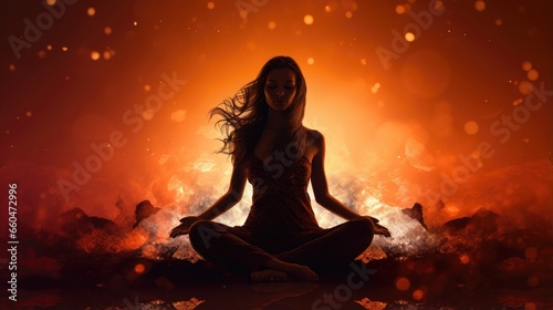 Yoga meditation and symbolic silhouette of women Om
