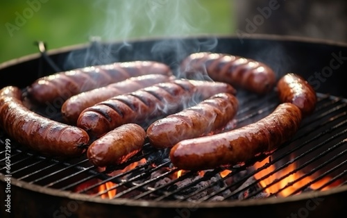 Grilled sausages are cooked on a barbecue grill outdoor. AI, Generative AI