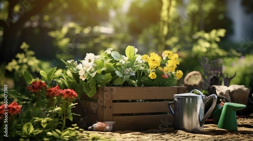 Starting a small business in garden landscaping with a crate of beautiful plants and tools perfect for a sunny garden in spring
