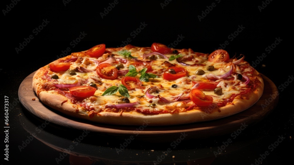 Pizza delicious on a dark surface Pizza delicious on a dark surface