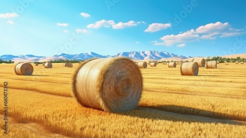 Round straw bales dot the field harvested from cereal plants in an agricultural setting