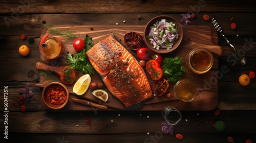 Top down view of wooden table with grilled salmon salad and condiments