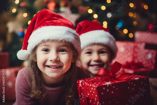 The scene of children in Christmas hats surrounded by presents and looking at the camera in a blurred background