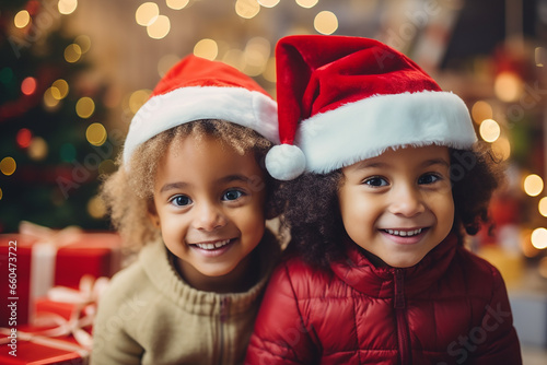 The scene of children in Christmas hats surrounded by presents and looking at the camera in a blurred background