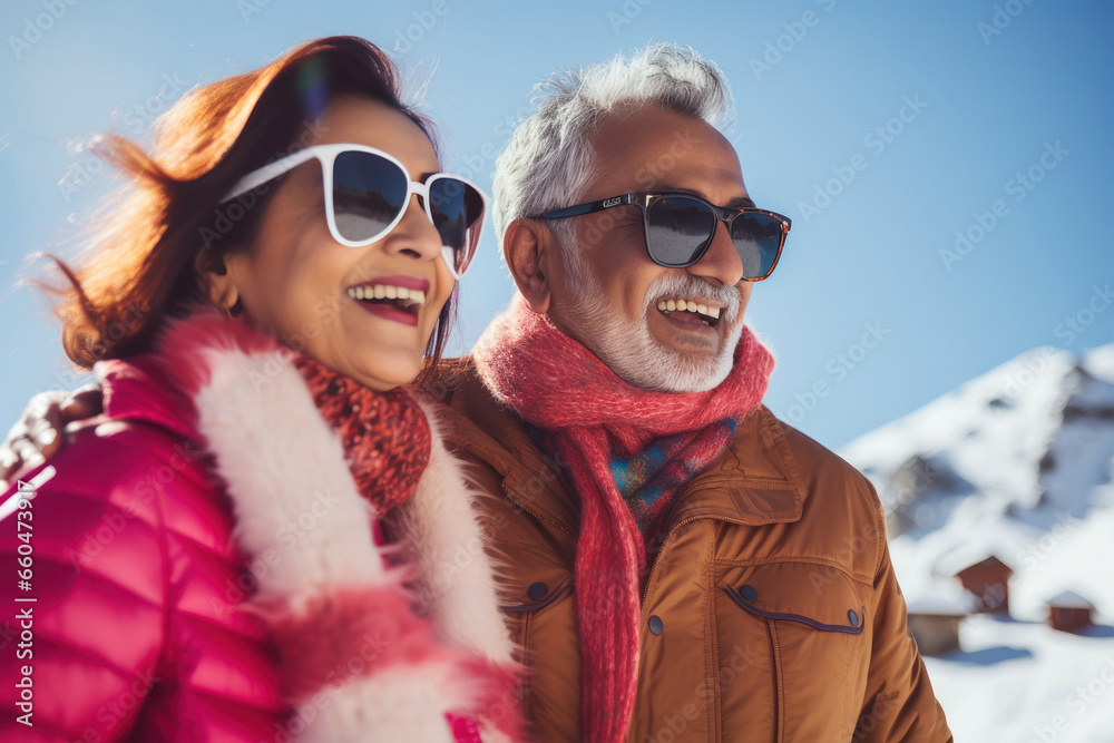 Senior couple in sweater on cold mountain, enjoying vacation
