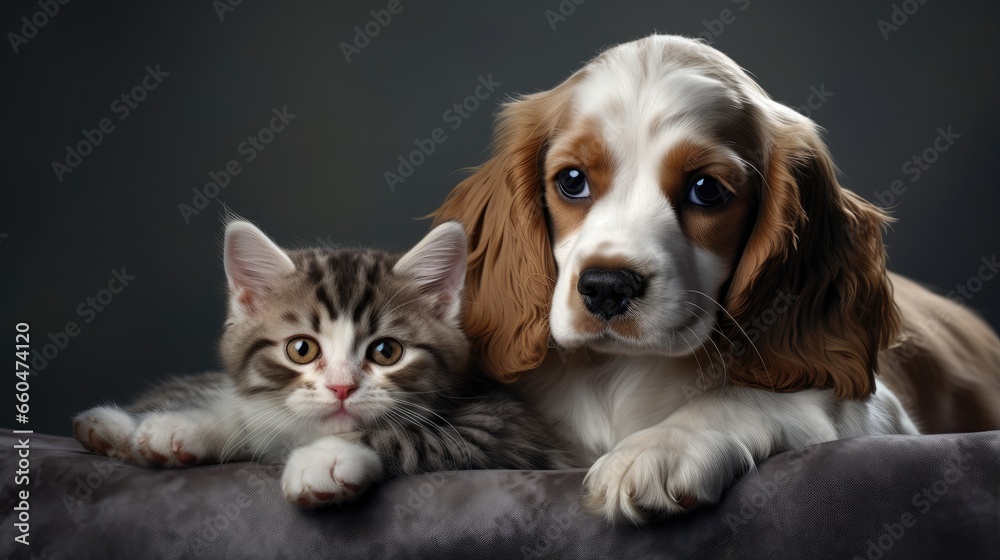 Spaniel vet with a kitten on a gray backdrop