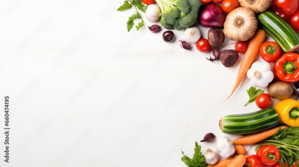 Top view of fresh vegetable frame on white background with blank space for text Cooking healthy eating or diet concept Top view of fresh vegetable frame on white background with blank space for text Cooking healthy eating or diet concept