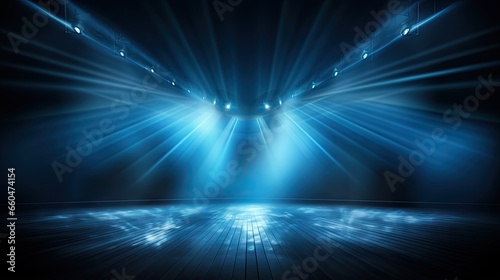 Stage lights highlight the empty blue backdrop