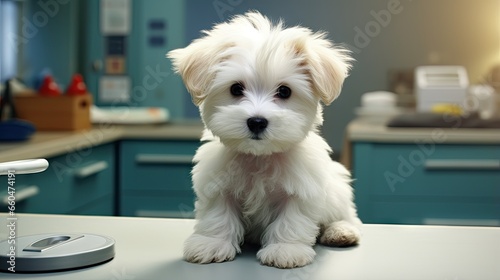 Tiny white pup on vet s tab...