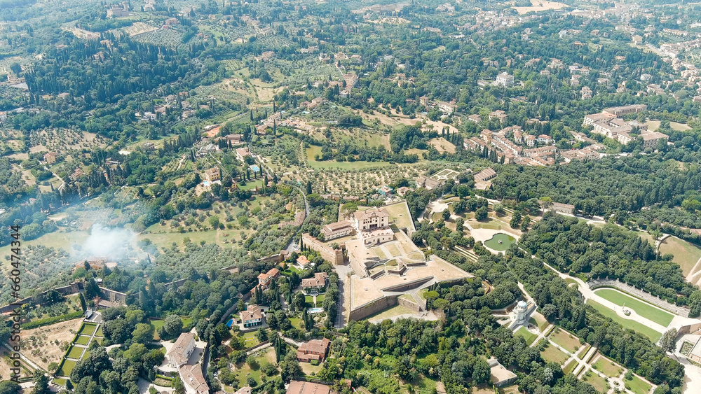 Florence, Italy. Fort Belvedere (Forte di Belvedere) - A hilltop fortress built in the 1500s. Summer, Aerial View
