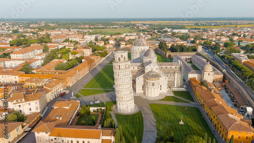 Pisa, Italy. Famous Leaning Tower and Pisa Cathedral in Piazza dei Miracoli. Summer. Morning hours, Aerial View