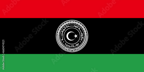 The official current flag and coat of arms of State of Libya. State flag of Libya. Illustration. photo