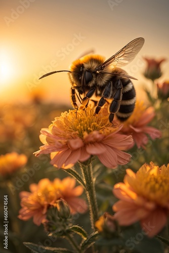 Closeup portrait of a bee on a pink flower at sunset © liliyabatyrova