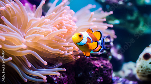  Clownfish or anemonefish nestled among the coral branches of a vibrant reef, ai generative