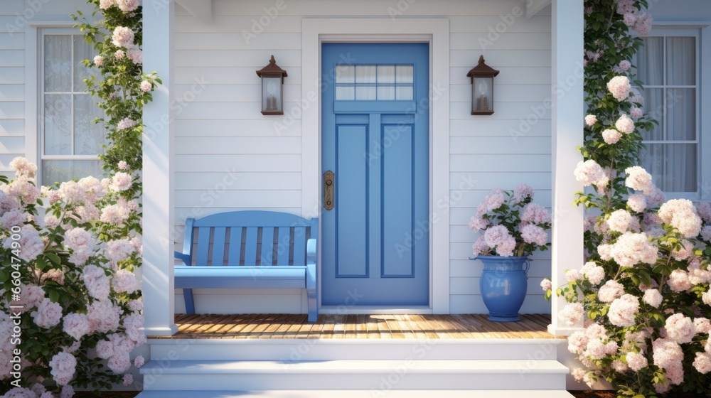 Wooden white door on a blue house with a porch including roses and a bench Housing entrance
