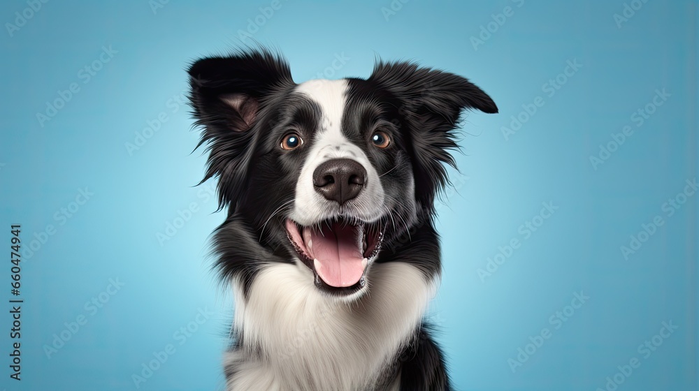 Stunning photo of a joyful healthy black and white border collie in a studio Stunning photo of a joyful healthy black and white border collie in a studio