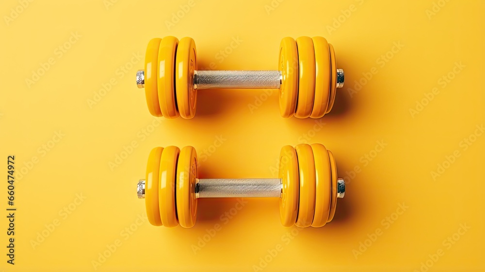 Top view flat lay of dumbbells signifies sport fitness and a healthy lifestyle with space for text Top view flat lay of dumbbells signifies sport fitness and a healthy lifestyle with space for text