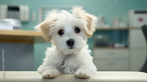 Tiny white pup on vet s tab...