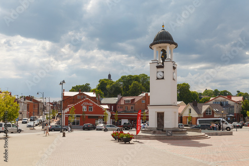 Telsiai, Lithuania - July 9, 2023: Old town square with clock tower