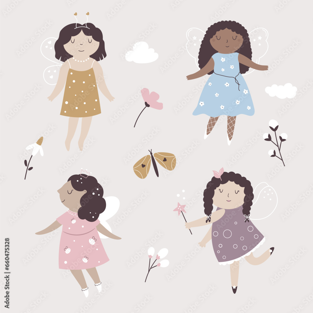 Hand drawn set with cute, adorable fairy girls. Vector illustrations of fairy tale characters, mascots Hand drawn set with cute, adorable fairy girls. Vector illustrations of fairy tale characters, mascots
