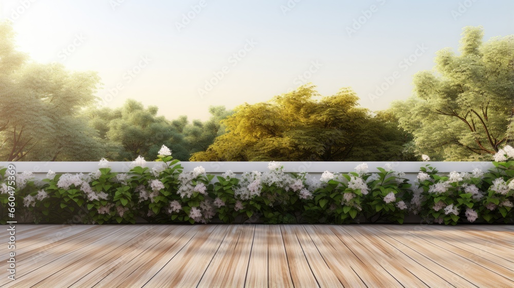 White garden wall with 3D rendering wooden terrace floor lattice fence and nature backdrop