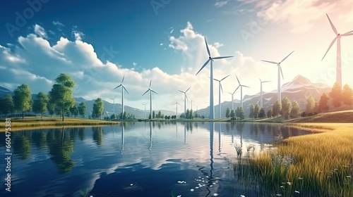 Renewable energy sources like solar panels wind turbines and hydropower dams harness sunlight wind and water