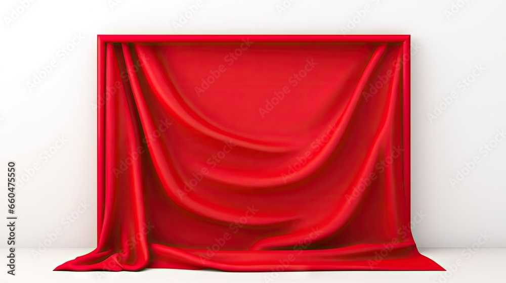 Red fabric conceals frame against white backdrop 3d render - obrazy, fototapety, plakaty 