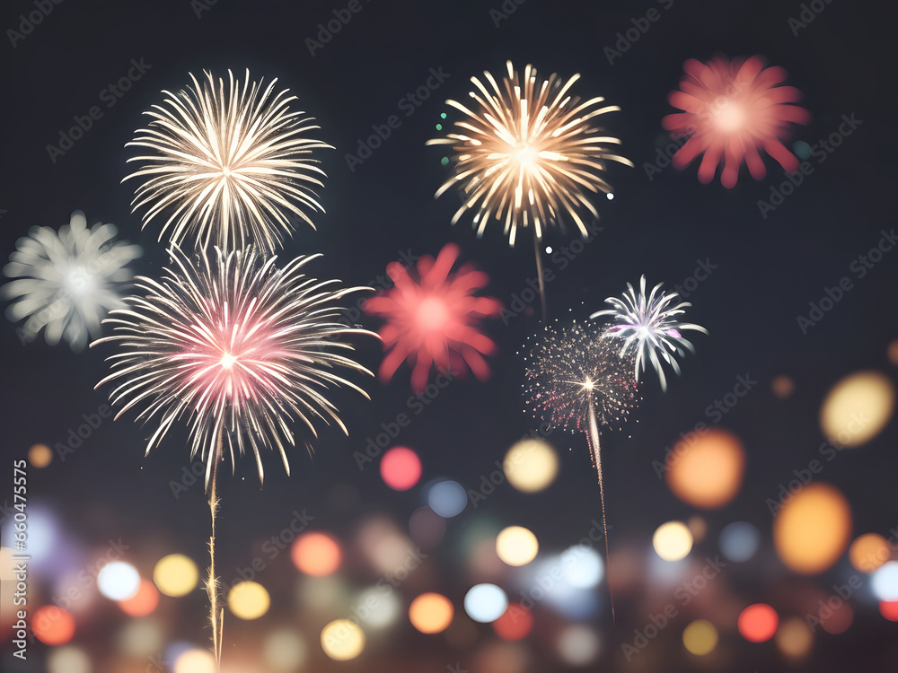 Fototapeta premium Christmas and New year holiday fireworks in the sky abstract. Image is generated with the use of an Artificial intelligence