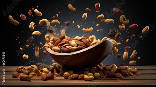 Mixed dried fruits and nuts in a wooden bowl