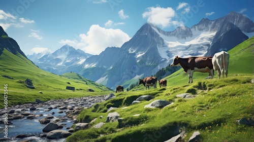 Tranquil Austrian Alps with grazing cows amidst green meadows and towering mountains