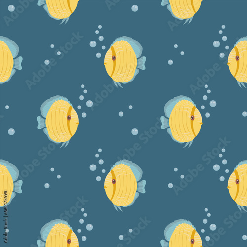 Seamless pattern, cute cartoon kawaii zebrafish and bubbles in the water. Background, children's print, vector