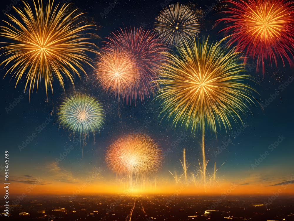 Christmas and New year holiday fireworks in the sky abstract. Image is generated with the use of an Artificial intelligence Christmas and New year holiday fireworks in the sky abstract. Image is generated with the use of an Artificial intelligence